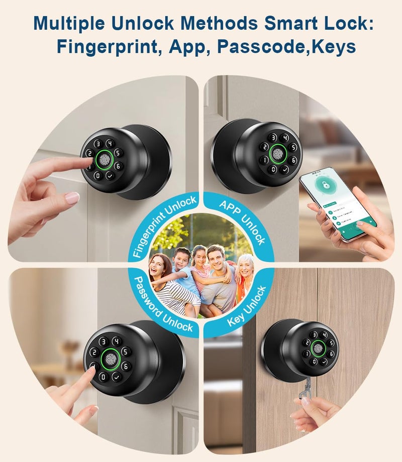 KLLOQUE Fingerprint Door Lock, Smart Fingerprint Door Knob with Keypad, Biometric Door knobs with App Control, Auto Lock Door Lock with Code, Keyless Door Knob with Locks for Bedroom, Home,Office-Matte Black - Image 2