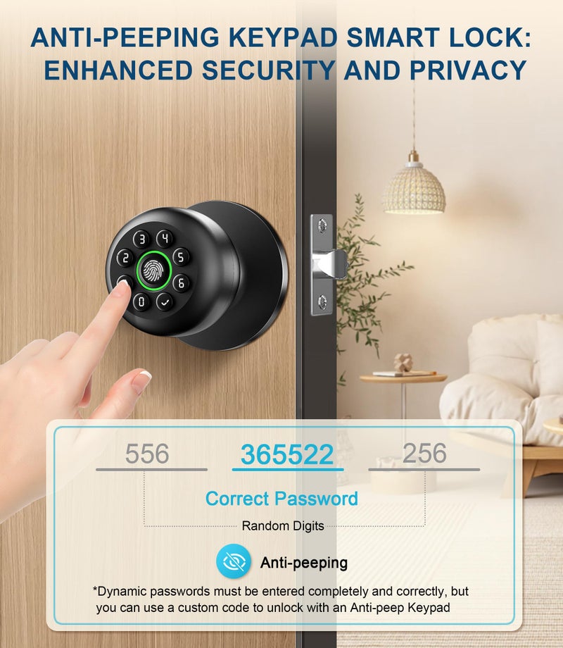 KLLOQUE Fingerprint Door Lock, Smart Fingerprint Door Knob with Keypad, Biometric Door knobs with App Control, Auto Lock Door Lock with Code, Keyless Door Knob with Locks for Bedroom, Home,Office-Matte Black - Image 3
