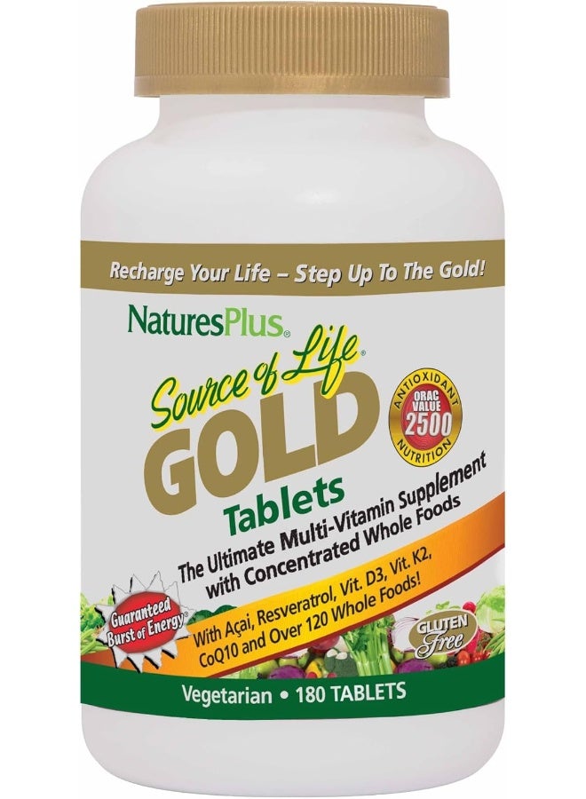 NaturesPlus Source Of Life Gold Multivitamin - 180 Tablets - Blood Support, Bone Support, Healthy Immune System - Includes Vitamins D3, B12, K2 & Over 120 Whole Food Nutrients - 60 Servings - Image 1