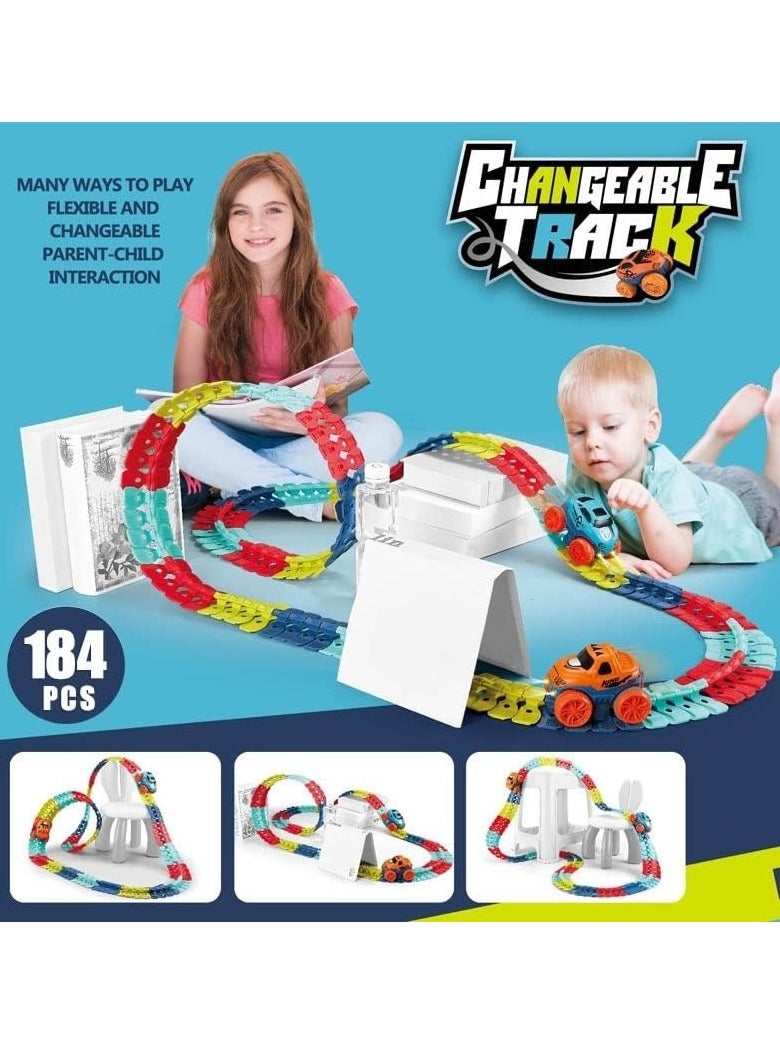 همتي كيو ان بي مسارات سحرية 184 قطعة، مضمار سباق السيارات، مجموعة ألعاب سباق سيارات للأولاد مع سيارة LED مضيئة للأولاد، سيارة سباق سلوتس، أفضل هدايا عيد ميلاد للبنات بعمر 3 سنوات فأكثر - Image 5