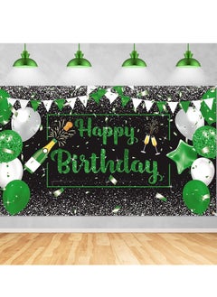 Birthday Banner Decorations Green Silver Black Happy Backdrop Champagne Glass Balloons Photo Booth Background for Man Women Party Decoration Supplies