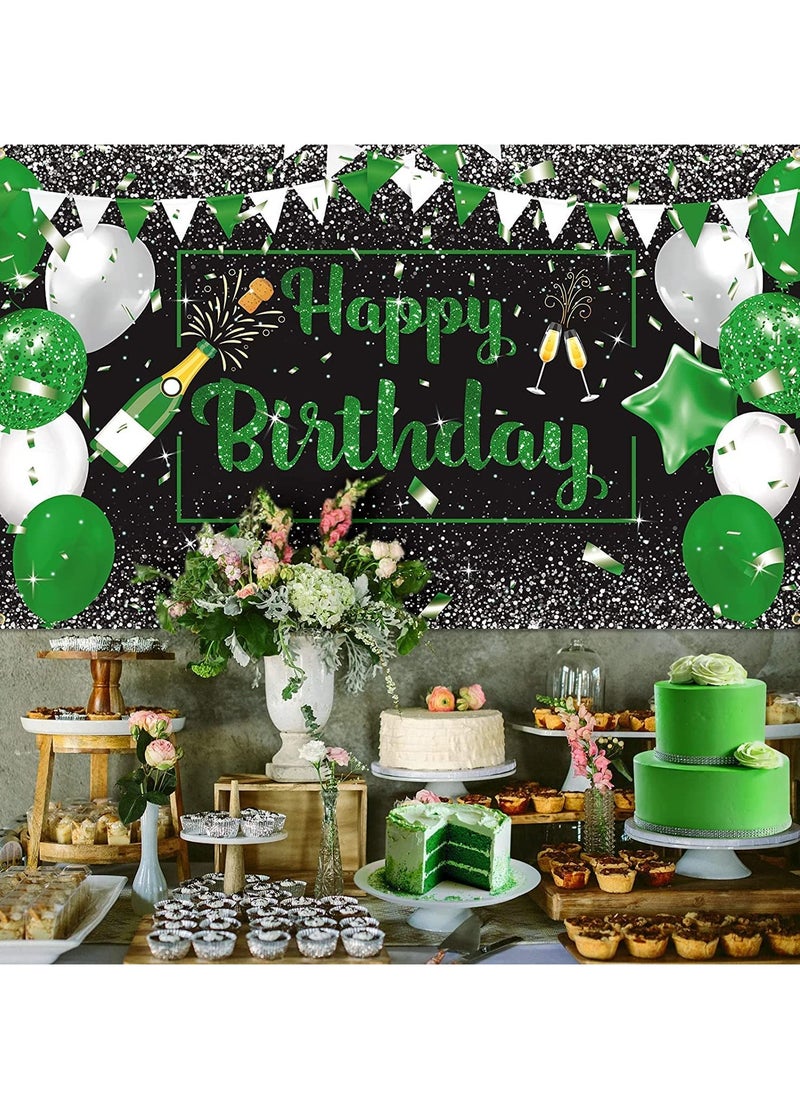 SYOSI - Birthday Banner Decorations Green Silver Black Happy Backdrop Champagne Glass Balloons Photo Booth Background for Man Women Party Decoration Supplies - Image 1