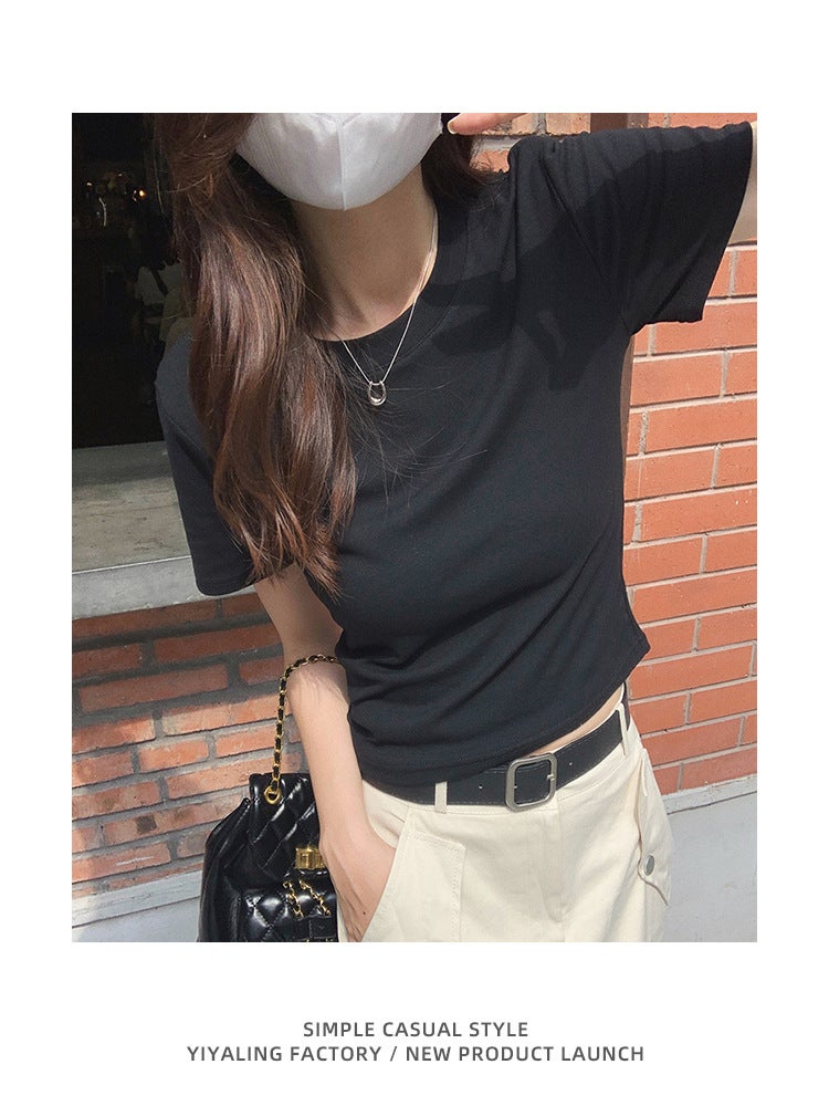 White Right Shoulder Short-Sleeved T-Shirt For S In Summer, Slim And Versatile Short T-Shirt, Basic Bottoming Top - Image 3