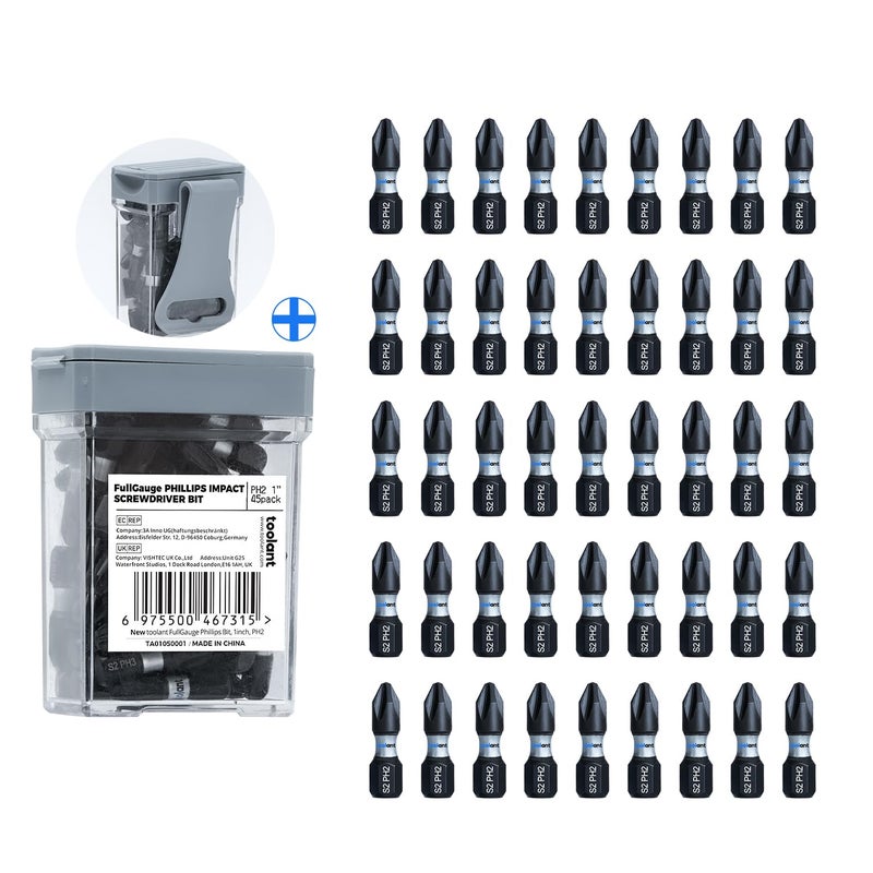toolant 1 Inch Phillips Bit#2 Magnetic Anti Slip Impact Screwdriver Bits Set,45pcs Insert S2 Steel PH2 Driver Dit Set with CNC Machined Tips for Power Drill - Image 1