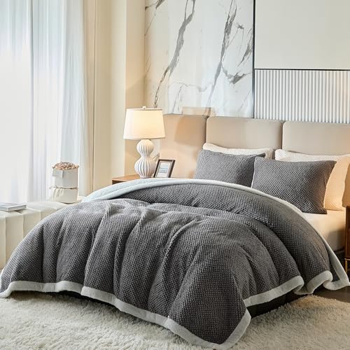 Flysheep Luxury Flannel Fleece Sherpa Blankets Queen Size for Bed Jacquard Boho 3Layer Thick and Warm Blanket for Winter Soft Cozy Fuzzy Plush Velvet Blanket with 2 Pillow Cases Grey 88x88 Inches - Image 1