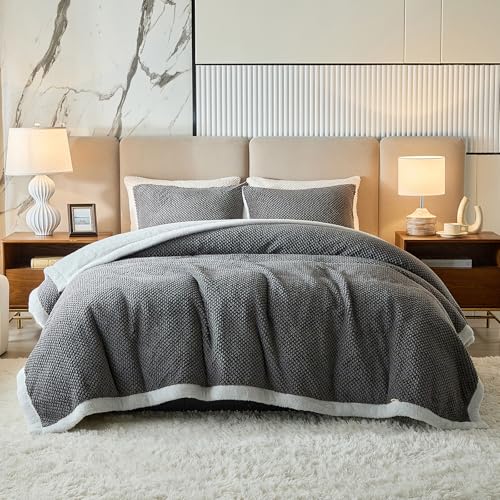 Flysheep Luxury Flannel Fleece Sherpa Blankets Queen Size for Bed Jacquard Boho 3Layer Thick and Warm Blanket for Winter Soft Cozy Fuzzy Plush Velvet Blanket with 2 Pillow Cases Grey 88x88 Inches - Image 3