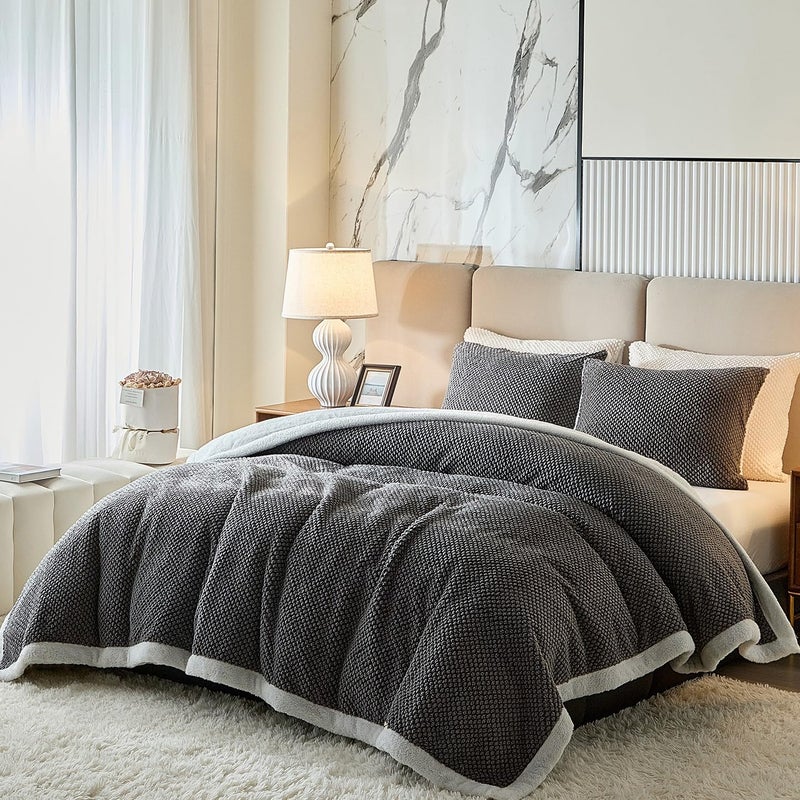 Flysheep Luxury Flannel Fleece Sherpa Blankets Queen Size for Bed Jacquard Boho 3Layer Thick and Warm Blanket for Winter Soft Cozy Fuzzy Plush Velvet Blanket with 2 Pillow Cases Grey 88x88 Inches - Image 2