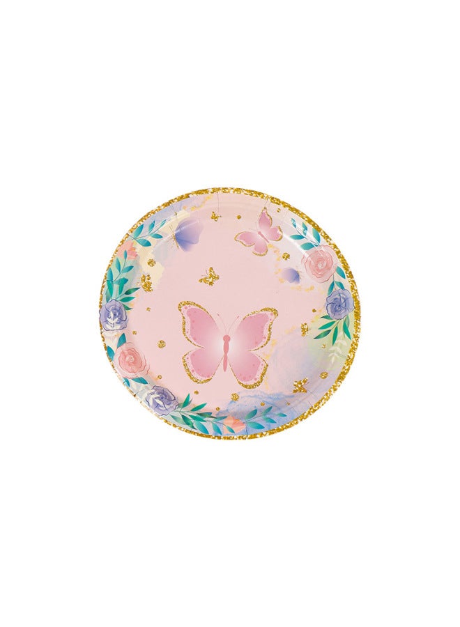 Butterfly Theme Party Disposable Tableware Paper Tray Suit Children's Birthday Flag-pulling Disposable Paper Tray Paper Cup Paper Towel-Color:8.6inch X Paper Packing Plate 2 - Image 1