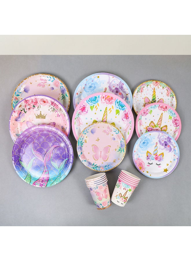 Butterfly Theme Party Disposable Tableware Paper Tray Suit Children's Birthday Flag-pulling Disposable Paper Tray Paper Cup Paper Towel-Color:8.6inch X Paper Packing Plate 2 - Image 2
