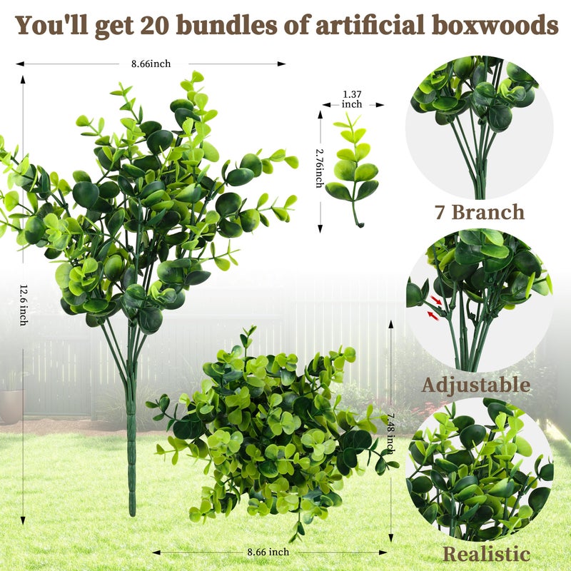 ColoPlay 20 Bundles Artificial Greenery Boxwood Plants, Fake Plant for Garden Porch, Window Box, Home Wedding, Farmhouse, and Indoor Outdoor Decoration - Image 2