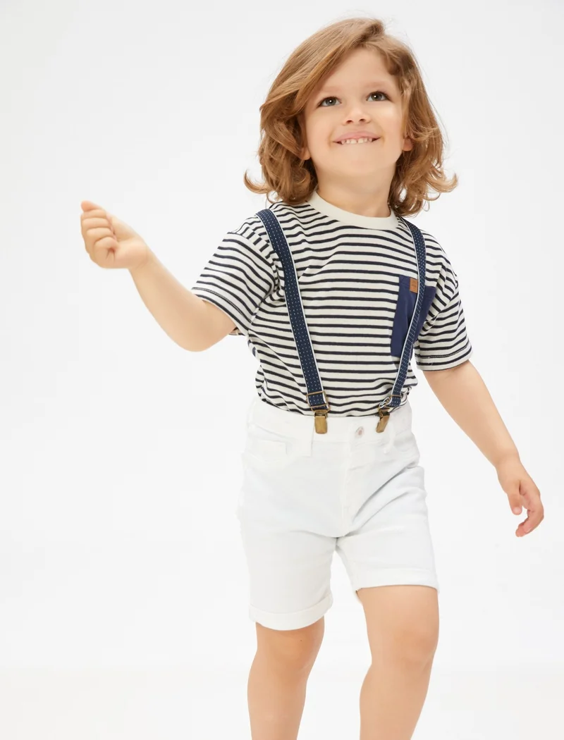 KOTON Denim Shorts with Strap Pockets Cotton Adjustable Elastic Waist