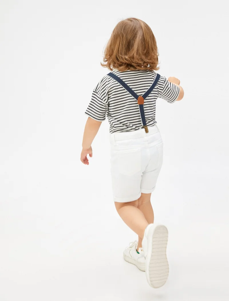 KOTON Denim Shorts with Strap Pockets Cotton Adjustable Elastic Waist