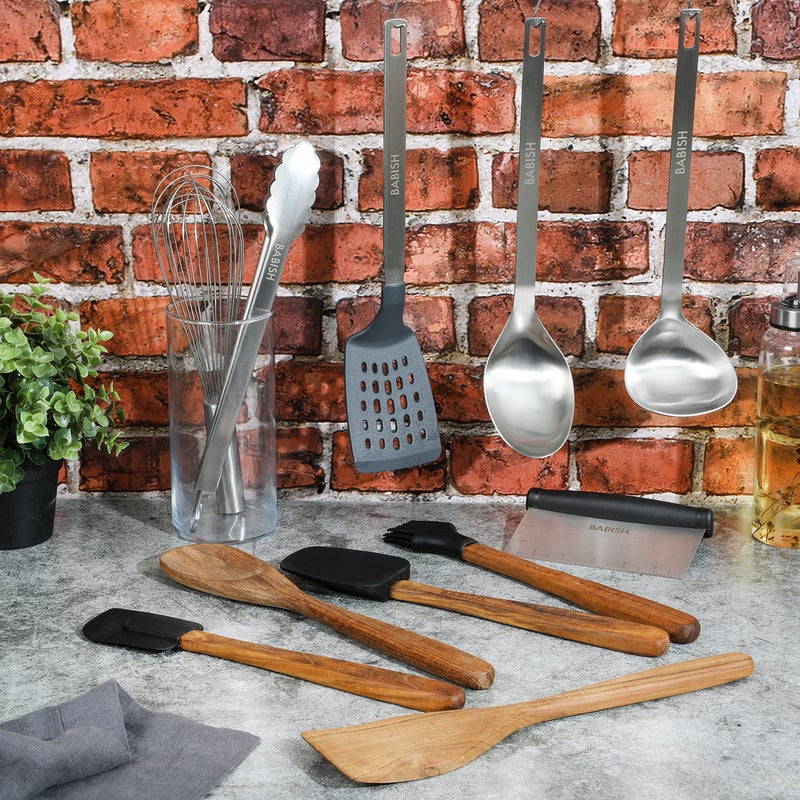 Babish 11 Piece Essential Teak Wood, Silicone, and Stainless Steel Tool Set - Image 3