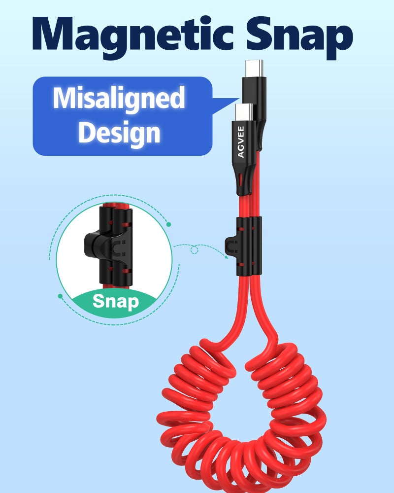 AGVEE 3ft Coiled Short USB-C to USB-C Charging Cable [USB-IF Certified] 60W PD Fast Charger Cord in Car for iPhone 17/16/15 CarPlay, Galaxy S25 S24 S23 S22 S21 S10 S9, Google Pixel, Red - Image 2