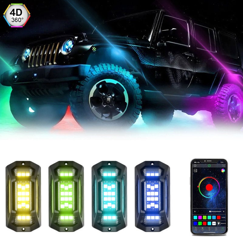 LED Rock Lights: 4pcs Black PVC Shell - App Controlled Multicolor LED Lights for SUVs, ATVs, Trucks, Boats & Golf Carts - Image 2