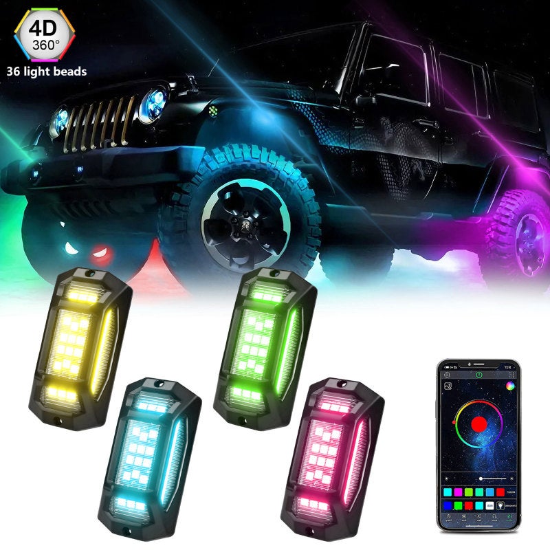 LED Rock Lights: 4pcs Black PVC Shell - App Controlled Multicolor LED Lights for SUVs, ATVs, Trucks, Boats & Golf Carts - Image 1