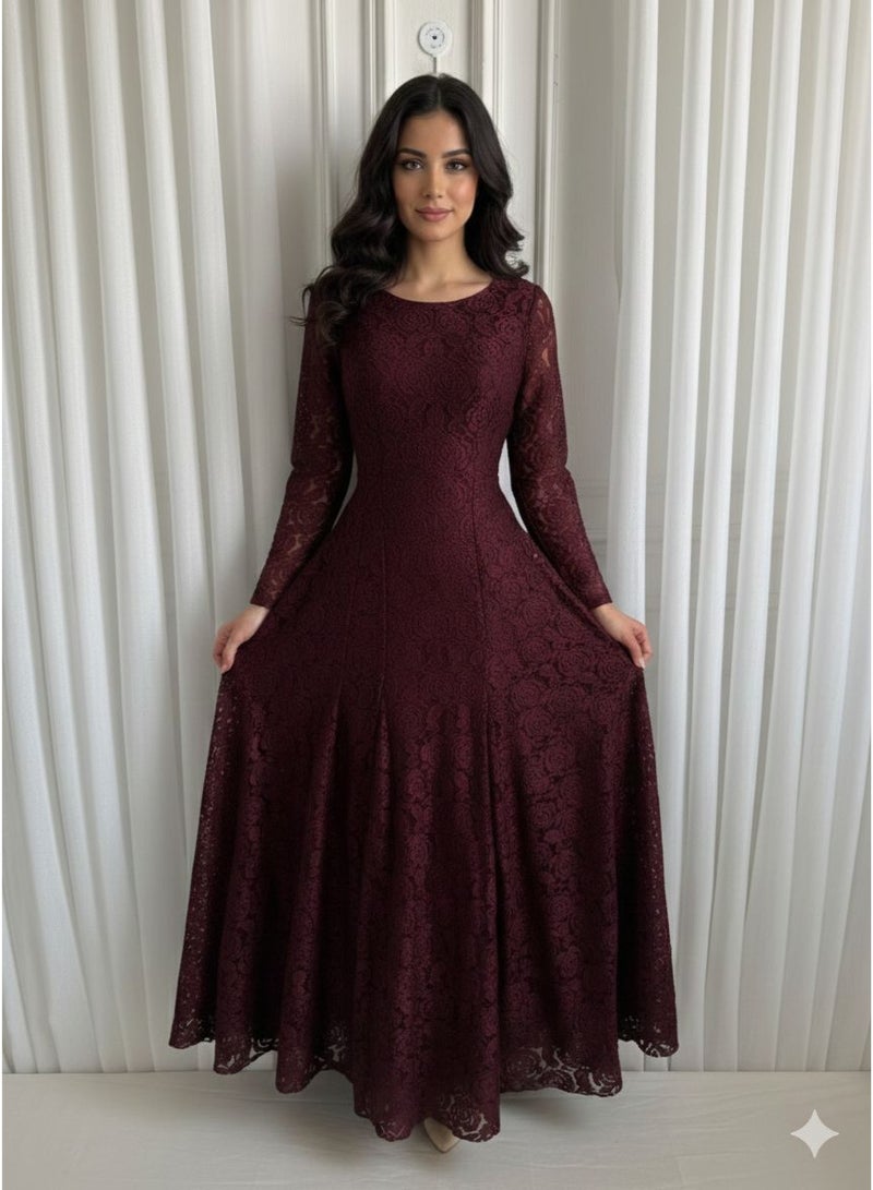 Floral Lace Long Sleeve Evening Gown - A-Line Maxi Party Dress - Burgundy - Image 1