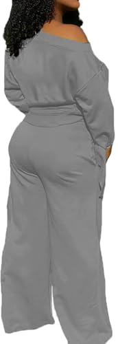sexycherry Casual Gray 2 Piece Outfits for Women Set Sexy Off Shoulder Long Sleeve Sweatsuits Loose Long Wide Leg Pants Tracksuits with Pockets (2X-Large) - Image 3