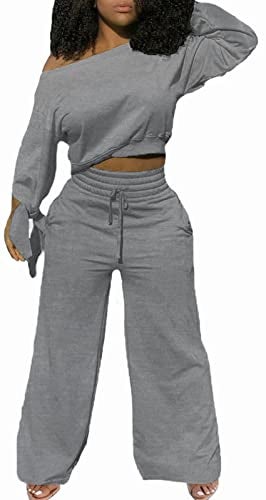 sexycherry Casual Gray 2 Piece Outfits for Women Set Sexy Off Shoulder Long Sleeve Sweatsuits Loose Long Wide Leg Pants Tracksuits with Pockets (2X-Large) - Image 2