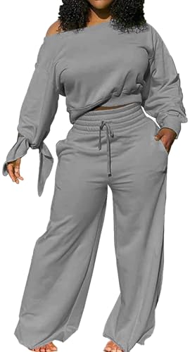 sexycherry Casual Gray 2 Piece Outfits for Women Set Sexy Off Shoulder Long Sleeve Sweatsuits Loose Long Wide Leg Pants Tracksuits with Pockets (2X-Large) - Image 1
