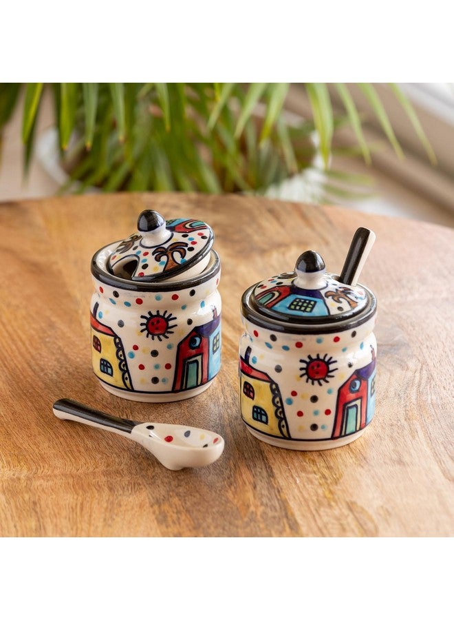 إكسكلوسيف لاين مرطبانات مخلل سيراميكية "هات" مرسومة يدويًا من ExclusiveLane لطاولة الطعام مع ملعقة وغطاء | مجموعة مرطبانات مخلل لتخزين حاويات المطبخ، حامل مخلل، مجموعة حاويات مخلل لتخزين المطبخ، مرطبان آشار - Image 1