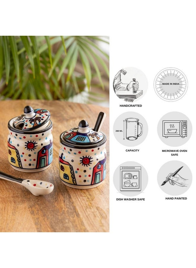 إكسكلوسيف لاين مرطبانات مخلل سيراميكية "هات" مرسومة يدويًا من ExclusiveLane لطاولة الطعام مع ملعقة وغطاء | مجموعة مرطبانات مخلل لتخزين حاويات المطبخ، حامل مخلل، مجموعة حاويات مخلل لتخزين المطبخ، مرطبان آشار - Image 3