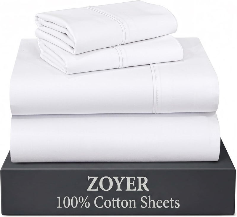 ZOYER 100% Cotton Sheets – Full Size Percale Bedding, Cooling & Breathable, Durable with a Crisp, Soft & Comfortable Feel, 16" Deep Pocket, 4-Piece Set, Bright White - Image 1