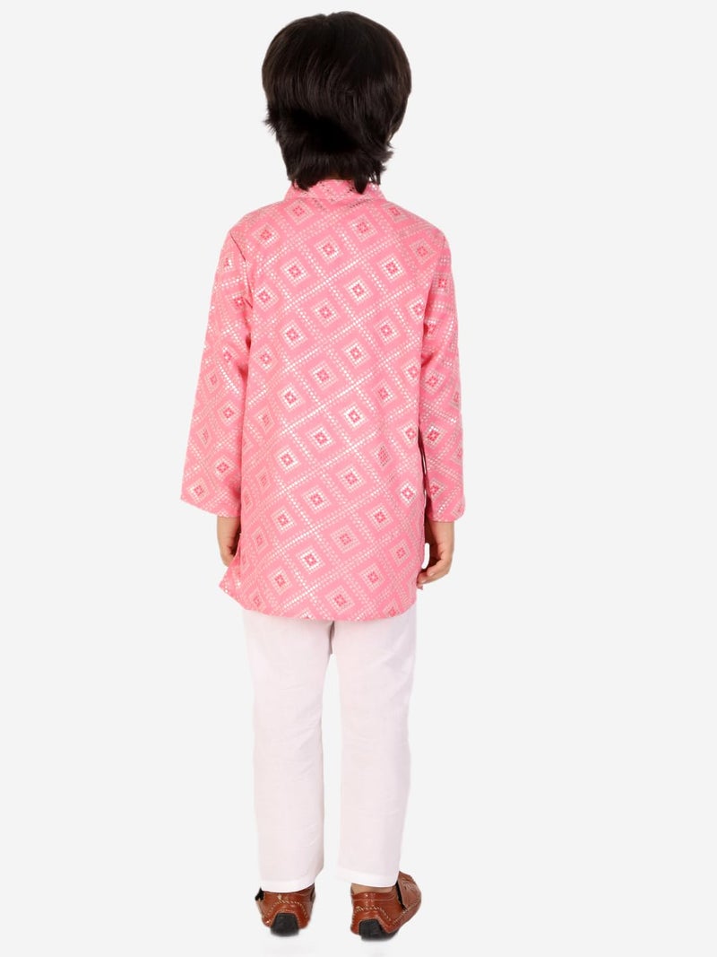 superminis Boys Silver Foil Printed Cotton Kurta,Set Round Collar, Full Sleeves With White Pyjama (Pink, 6-7 Years) - Image 5