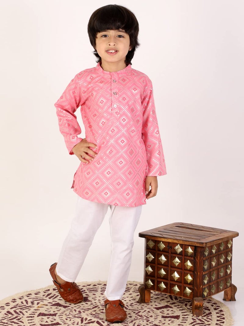 superminis Boys Silver Foil Printed Cotton Kurta,Set Round Collar, Full Sleeves With White Pyjama (Pink, 6-7 Years) - Image 2