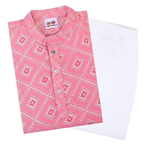 superminis Boys Silver Foil Printed Cotton Kurta,Set Round Collar, Full Sleeves With White Pyjama (Pink, 6-7 Years) - Image 1
