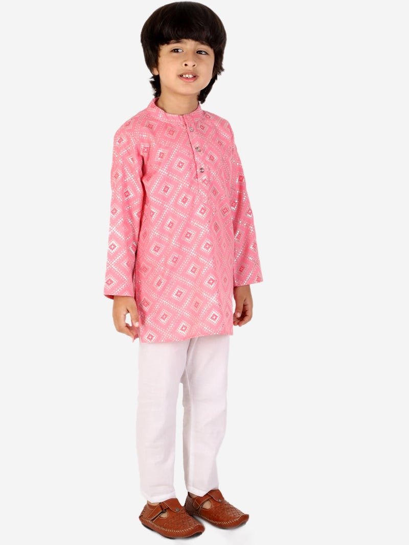 superminis Boys Silver Foil Printed Cotton Kurta,Set Round Collar, Full Sleeves With White Pyjama (Pink, 6-7 Years) - Image 4