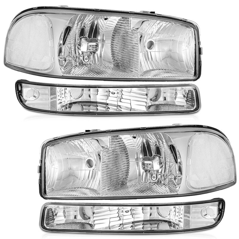 WEELMOTO headlights Assembly for 1999 2000 2001 2002 2003 2004 2005 2006 GMC Sierra 1500 2500 3500/99-06 GMC Yukon/ 00-06 GMC Yukon XL,Chrome Housing Clear Reflector, Headlights Assembly Replacement - Image 1