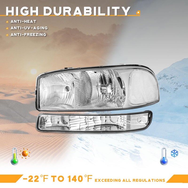 WEELMOTO headlights Assembly for 1999 2000 2001 2002 2003 2004 2005 2006 GMC Sierra 1500 2500 3500/99-06 GMC Yukon/ 00-06 GMC Yukon XL,Chrome Housing Clear Reflector, Headlights Assembly Replacement - Image 5
