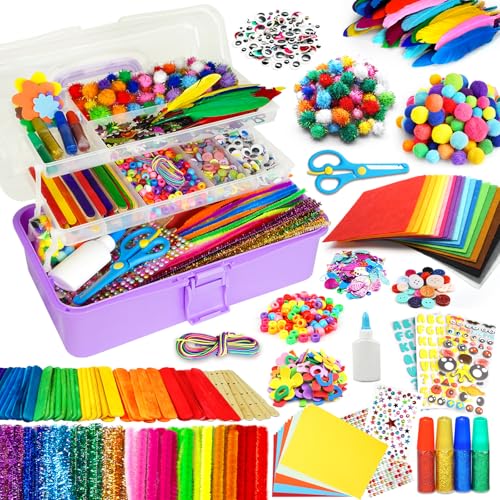FUNZBO Arts and Crafts Supplies for Kids Toddler Crafts Kits with Glue Stick Pipe Cleaners Construction Paper Pom Poms Googly Eyes Crafts for Kids Ages 48 Birathday Gifts for Girls - Image 1