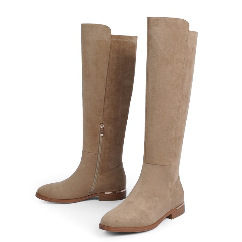 Modatope Knee High Tan Suede Flat Rounded Toe Boots Low Chunky Heel Elastic Fashion Fall Winter Boot Block Heels Riding Boot 2025 with Side Zipper Size 7 - Image 5