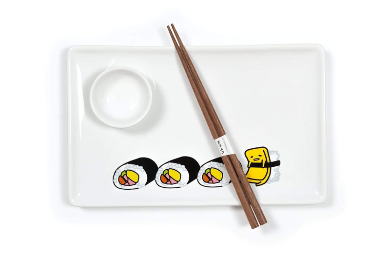 Gudetama Stoneware Sushi Set With Plate Wasabi Dish  Chopsticks  Cute Sanrio Lazy Egg Design  Fun Japanese White Ceramic Dinnerware