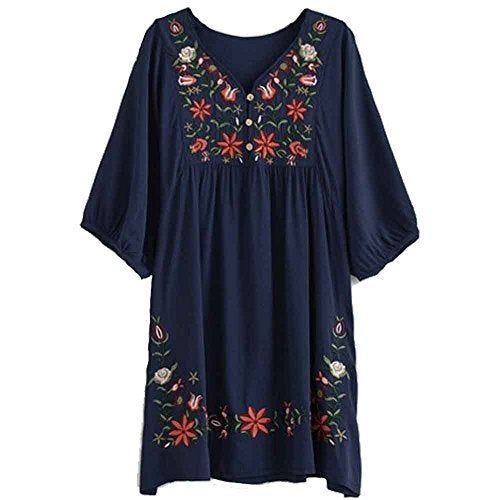 Kafeimali Summer Dress V Neck Mexican Embroidered Peasant Women's Dressy Tops Blouses (Navy Blue) - Image 1