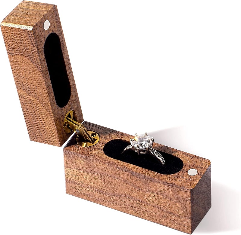 Wislist Wooden Engagement Ring Box Small Slim Flat Ring Case for Proposal,Wedding (Walnut Wood) - Image 3