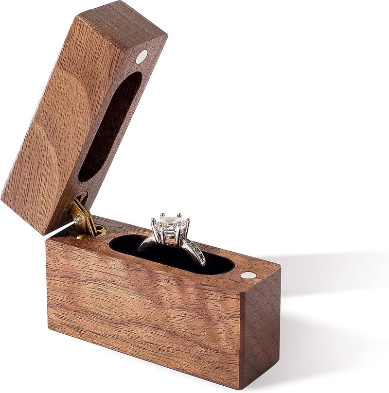 Wislist Wooden Engagement Ring Box Small Slim Flat Ring Case for Proposal,Wedding (Walnut Wood) - Image 1