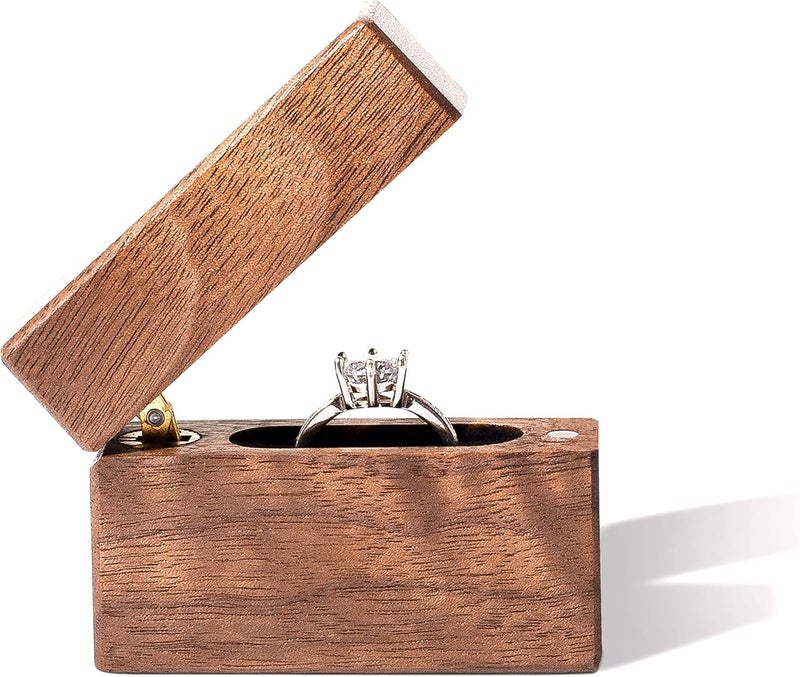 Wislist Wooden Engagement Ring Box Small Slim Flat Ring Case for Proposal,Wedding (Walnut Wood) - Image 2