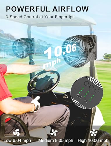 MAGOLFIN 2Pack Magnetic Clip on Fan for Golf Cart 12000mAH Battery Operated Portable Fan with 3 Speeds LED Lantern Magnetic Base Suitable for EZGO Club Car Yamaha Golf Cart Cruise Ship Accessories - Image 3