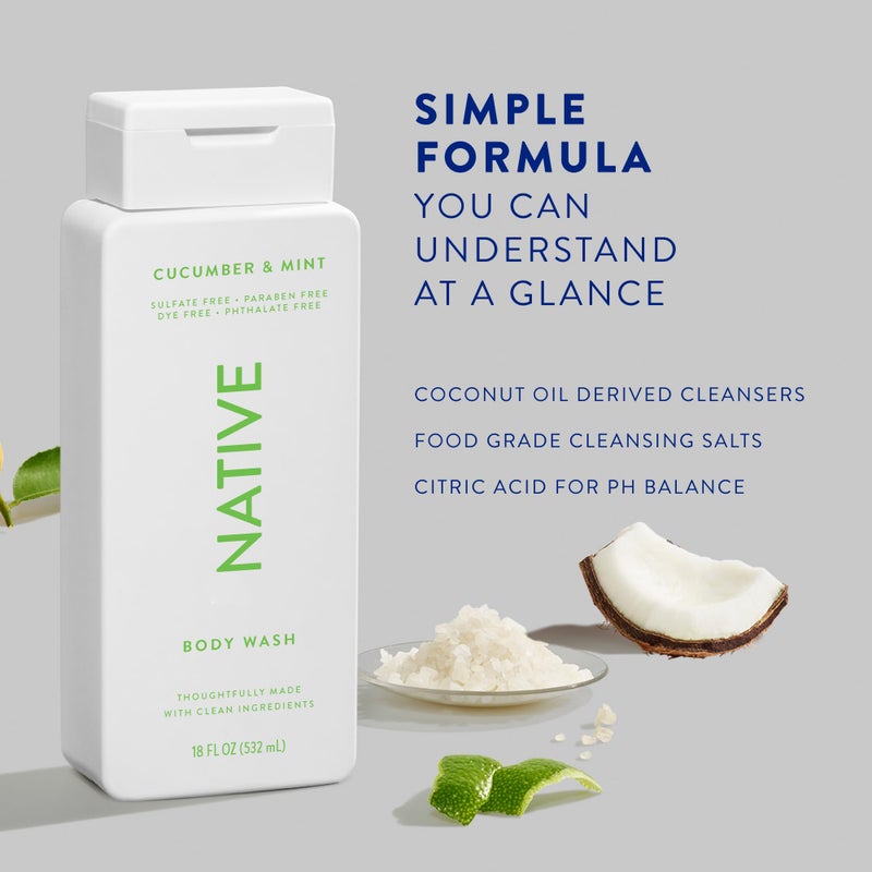 Native Body Wash Contains Naturally Derived Ingredients | For Women & Men, Sulfate, Paraben, & Dye Free Leaving Skin Soft and Hydrated | Cucumber & Mint 18 oz - 2 Pk - Image 3