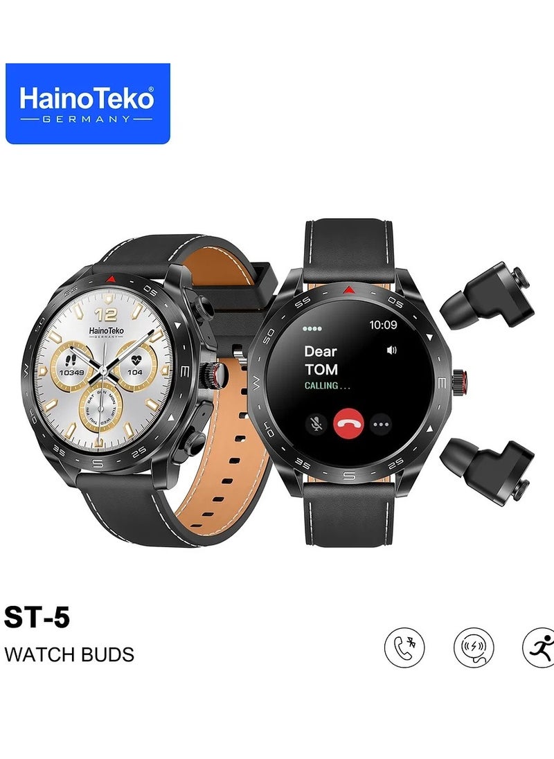 The new Haino Teko ST-5 2 in 1 watch features a high-resolution AMOLED screen - built-in earphones - innovative touch control - built-in speaker - Bluetooth v5.2 - fitness monitoring - phone notifications - stylish and modern design - water resistance - wireless charging - black.