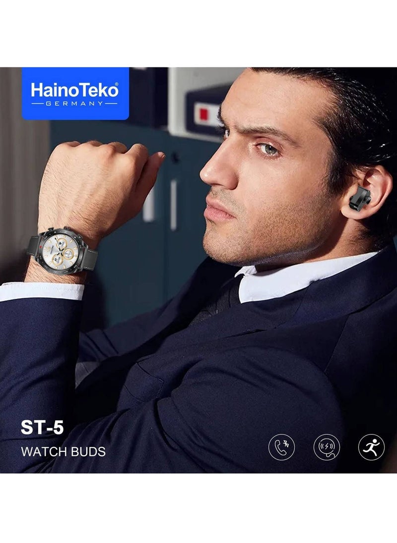The new Haino Teko ST-5 2 in 1 watch features a high-resolution AMOLED screen - built-in earphones - innovative touch control - built-in speaker - Bluetooth v5.2 - fitness monitoring - phone notifications - stylish and modern design - water resistance - wireless charging - black.