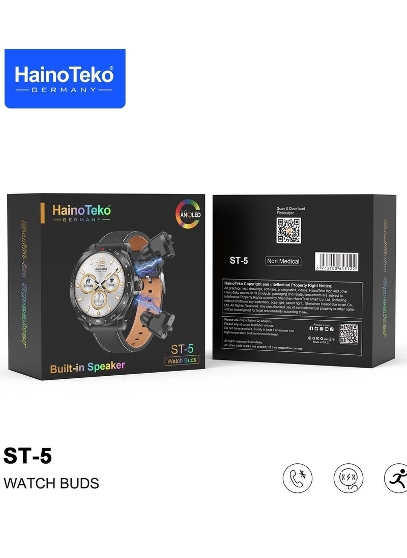 The new Haino Teko ST-5 2 in 1 watch features a high-resolution AMOLED screen - built-in earphones - innovative touch control - built-in speaker - Bluetooth v5.2 - fitness monitoring - phone notifications - stylish and modern design - water resistance - wireless charging - black.