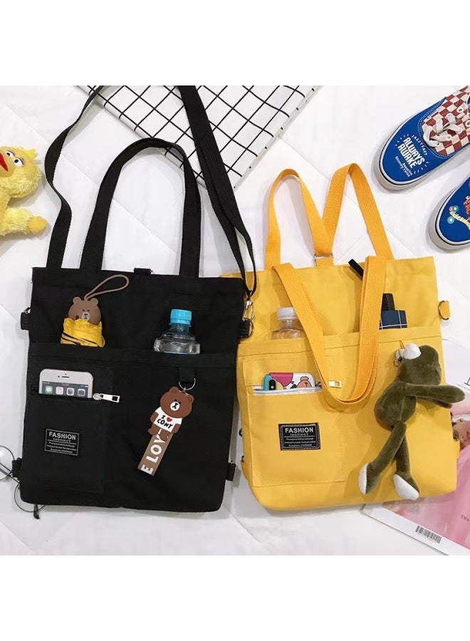 Canvas Bag Women's Crossbody Canvas Bag Niche Tote Bag Instagram Style Shoulder Bag All-match Student Tutorial Tote Bag-Color:Multi-pocket Black Trumpet + Bear Pendant  - Image 2