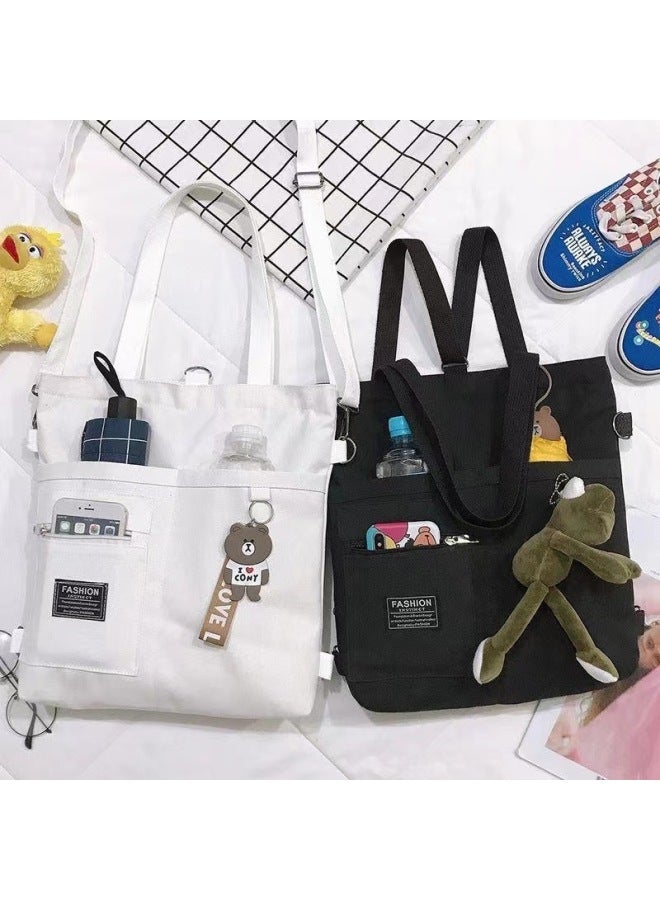 Canvas Bag Women's Crossbody Canvas Bag Niche Tote Bag Instagram Style Shoulder Bag All-match Student Tutorial Tote Bag-Color:Multi-pocket Black Trumpet + Bear Pendant  - Image 4