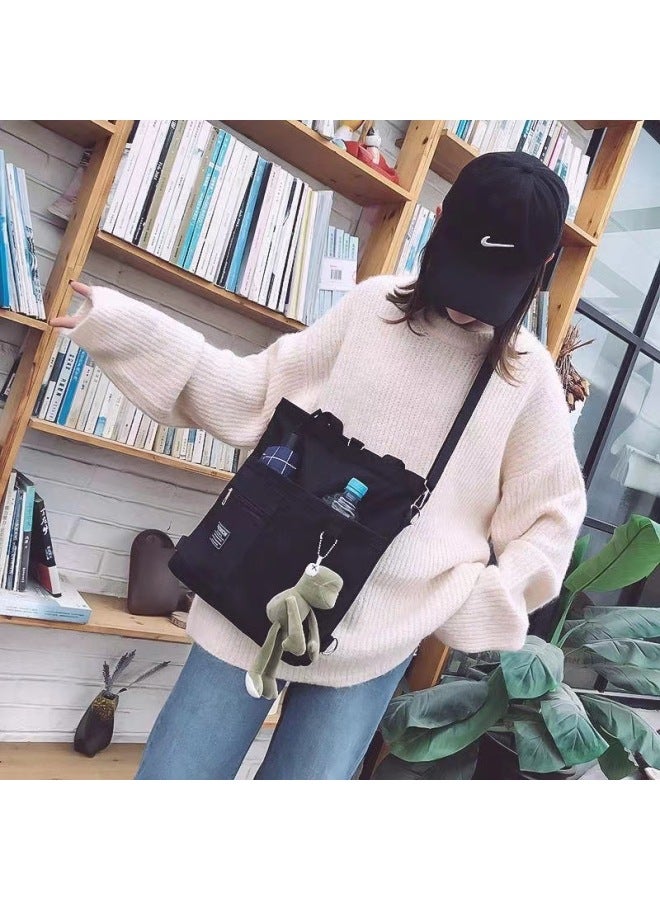 Canvas Bag Women's Crossbody Canvas Bag Niche Tote Bag Instagram Style Shoulder Bag All-match Student Tutorial Tote Bag-Color:Multi-pocket Black Trumpet + Bear Pendant  - Image 5
