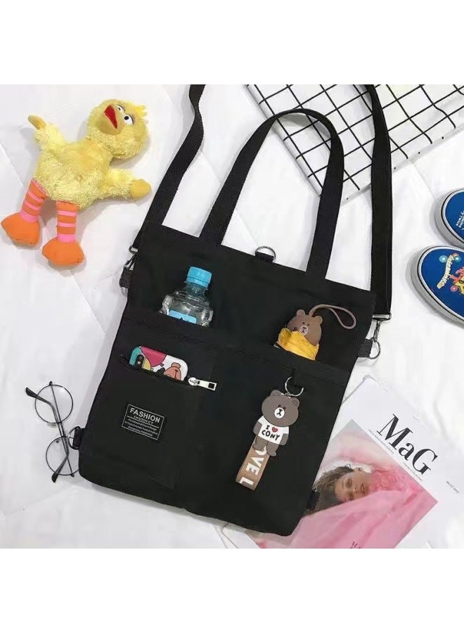 Canvas Bag Women's Crossbody Canvas Bag Niche Tote Bag Instagram Style Shoulder Bag All-match Student Tutorial Tote Bag-Color:Multi-pocket Black Trumpet + Bear Pendant  - Image 1