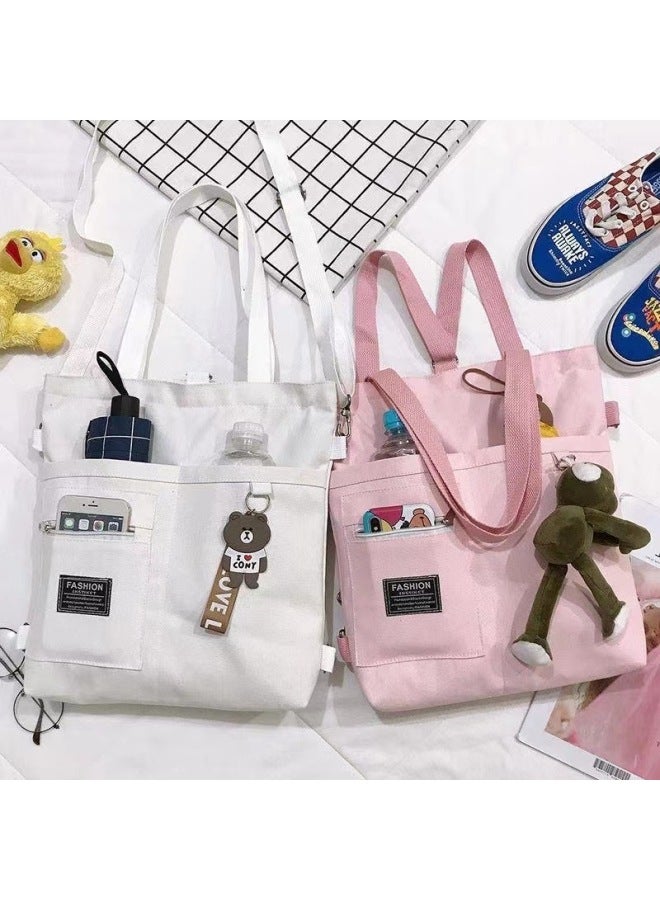 Canvas Bag Women's Crossbody Canvas Bag Niche Tote Bag Instagram Style Shoulder Bag All-match Student Tutorial Tote Bag-Color:Multi-pocket Black Trumpet + Bear Pendant  - Image 3